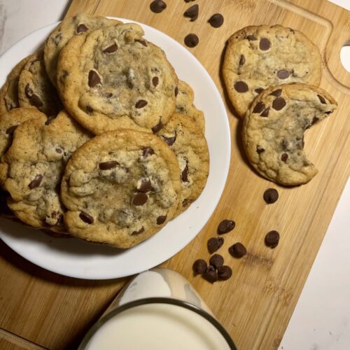 chocolate chip cookies on cutting board