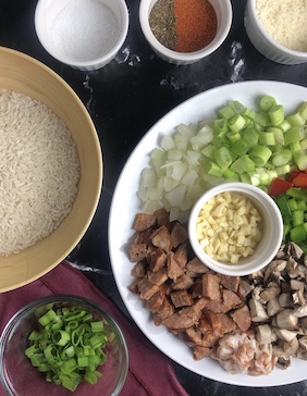 overhead shot of creamy creole dirty risotto ingredients prep