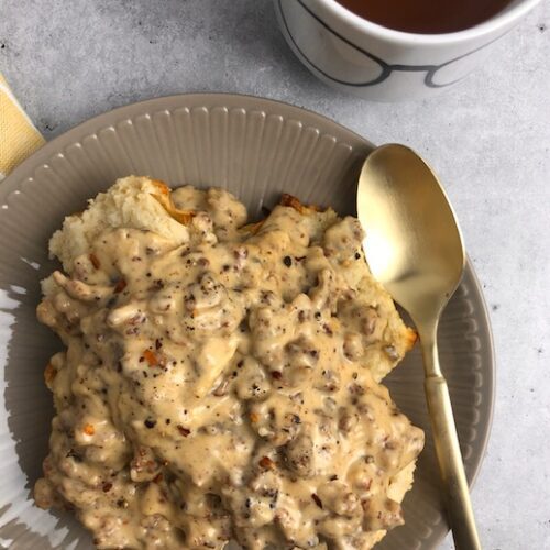 sausage gravy and biscuits overhead