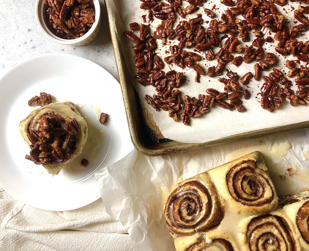 candied pecans and cinnamon rolls