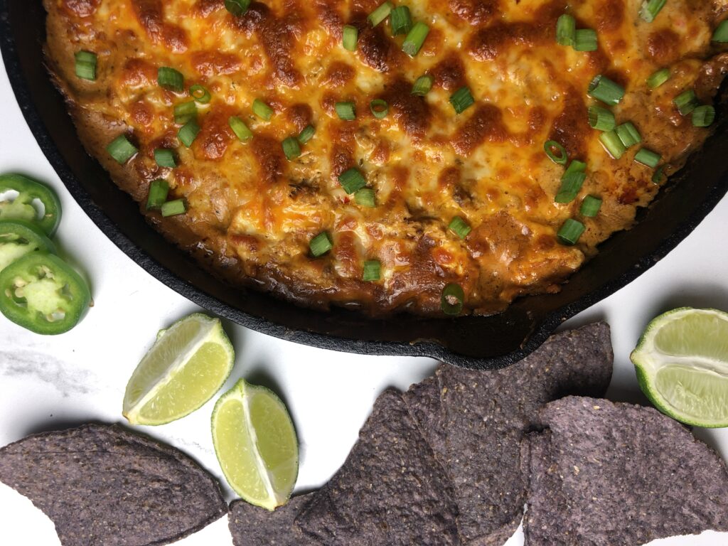 buffalo chicken dip in castiron pan