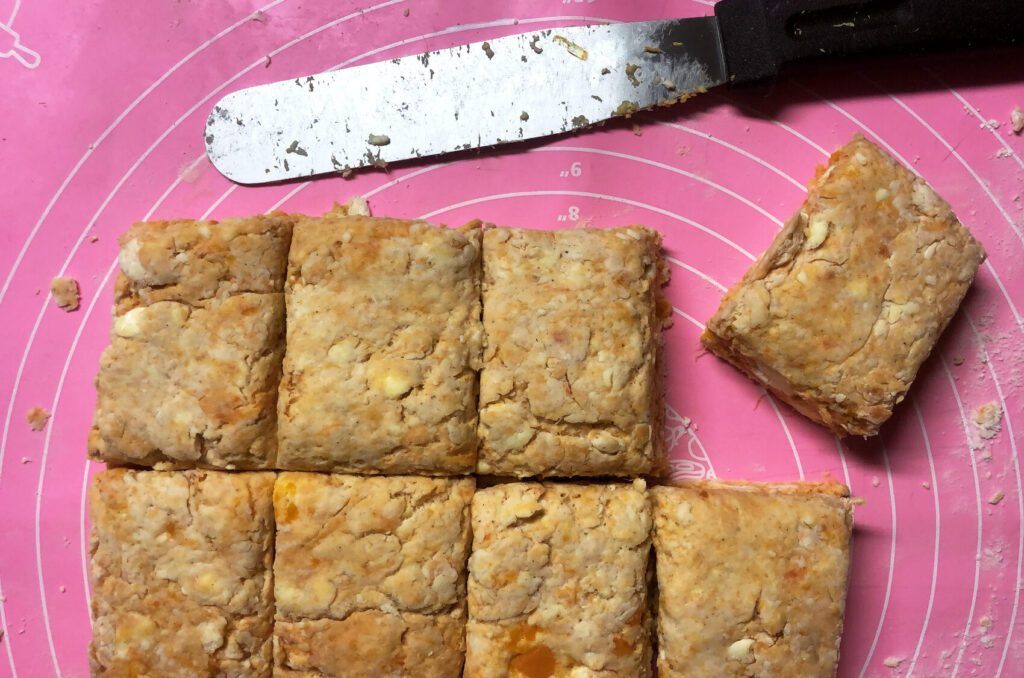 sweet potato biscuit dough squares after cutting