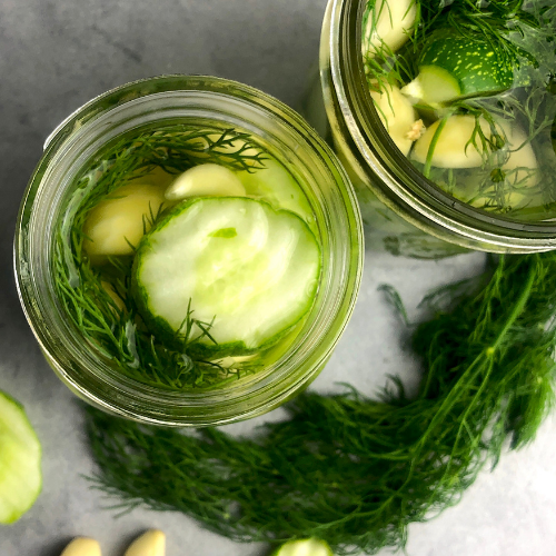 overhead view of pickles in jar