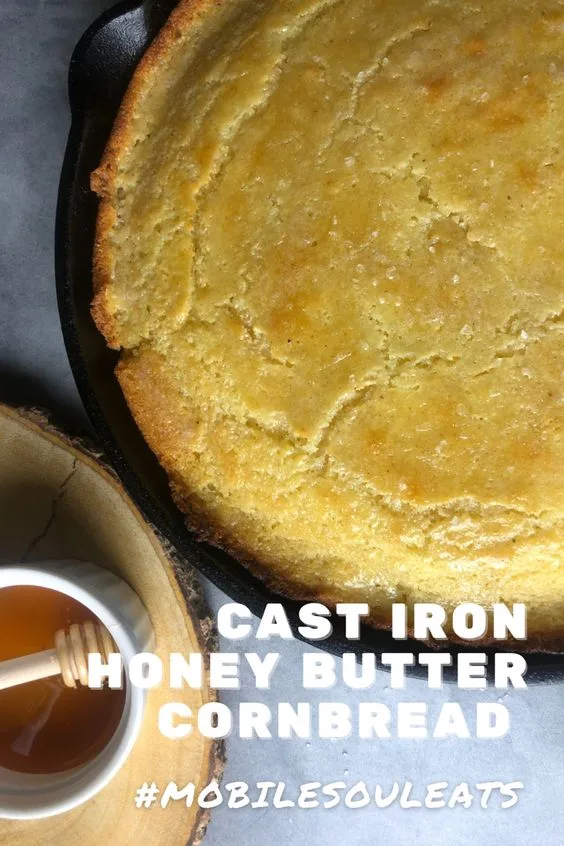 honey butter cornbread in cast iron skillet