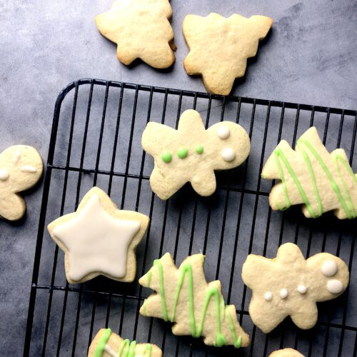 decorated cut-out sugar cookies on wire rack