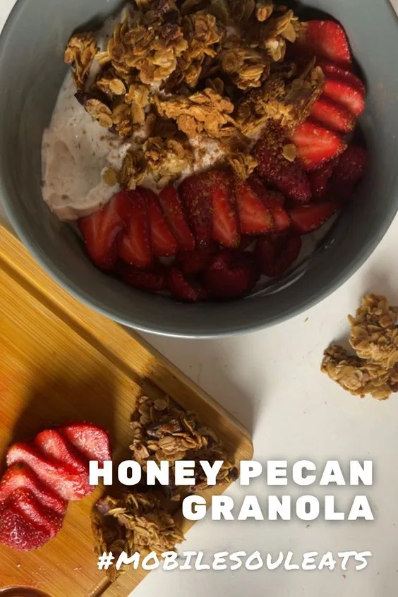 honey pecan granola bowl with strawberries