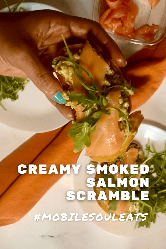 creamy smoked salmon scramble pinterest image