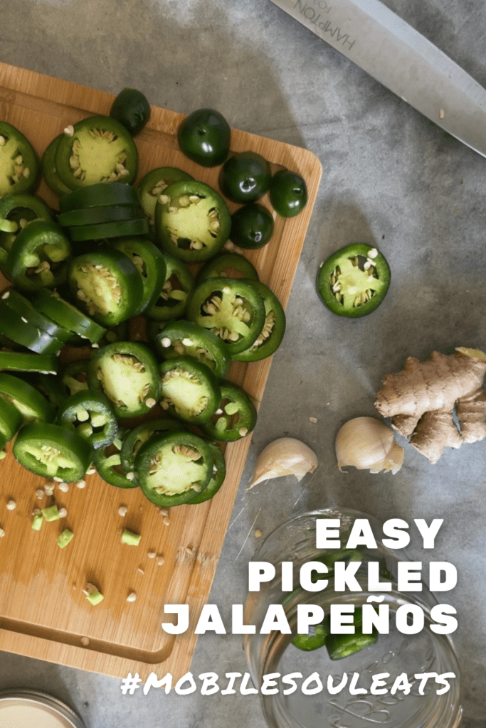 pickled jalapenos on cutting board