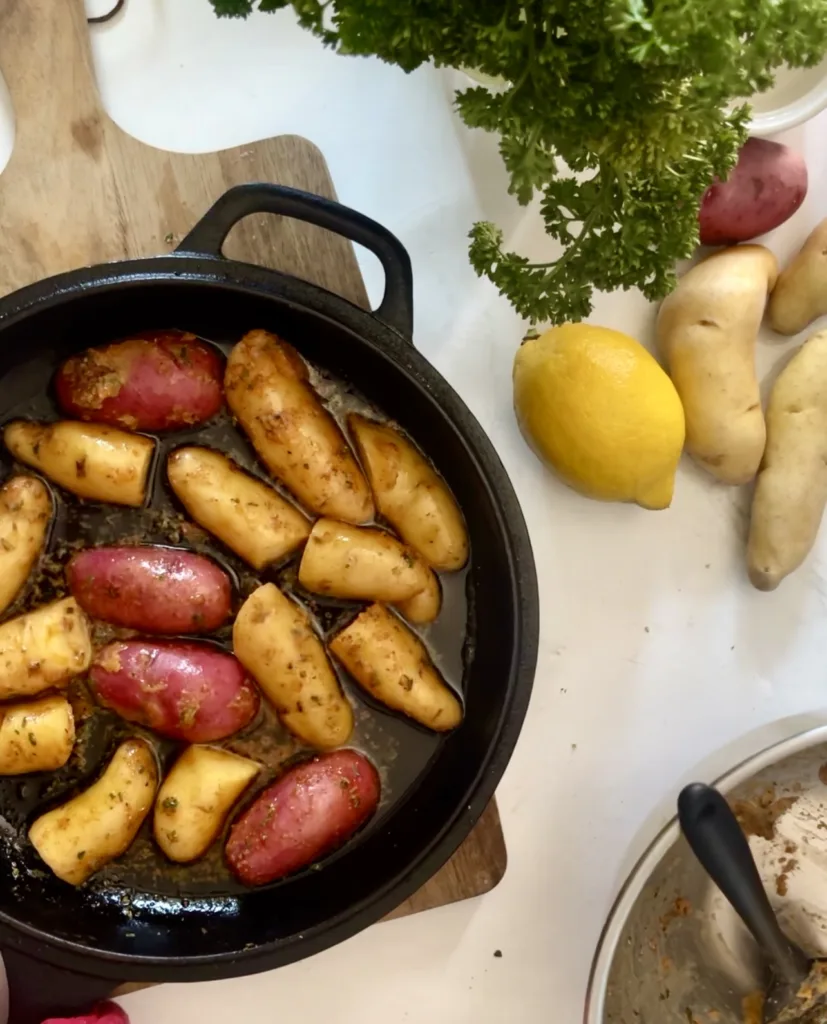 fingerling potatoes prepped and in pan before cooking