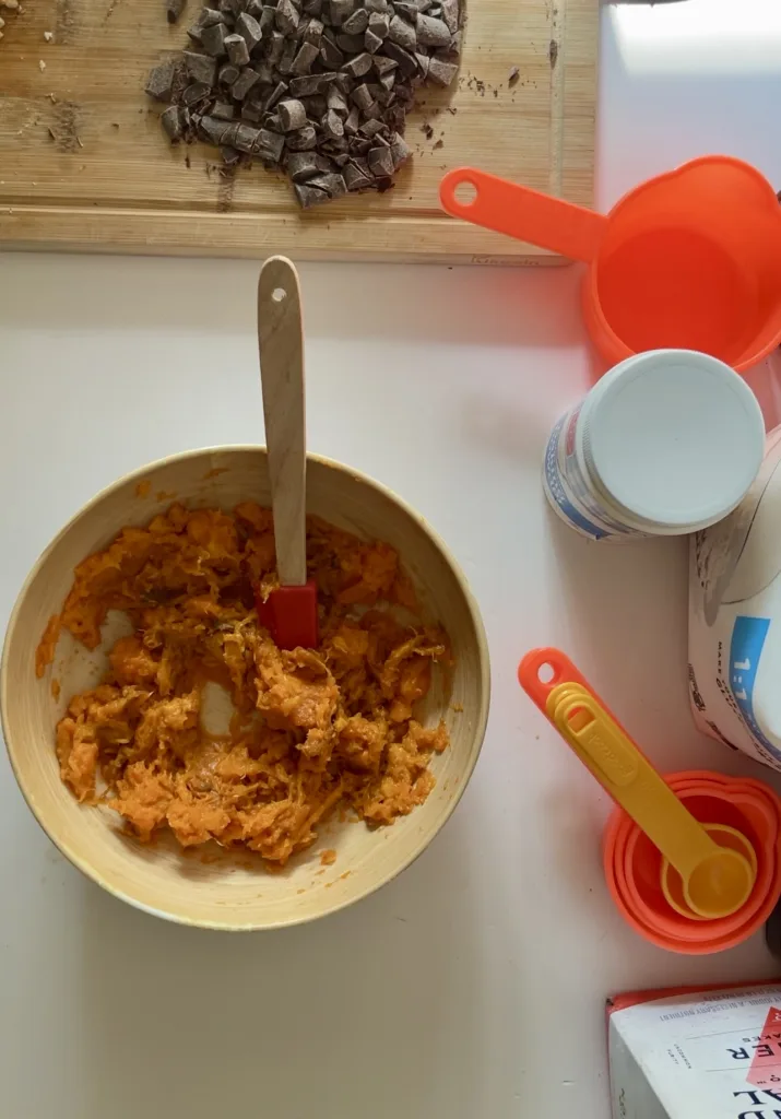 hand-mashed sweet potato for sweet potato brownies